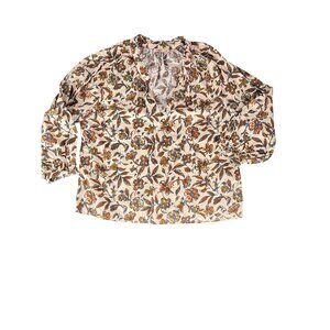FAHERTY Women's Tan Floral V-Neck 3/4 Sleeve Linen Blend Blouse Small